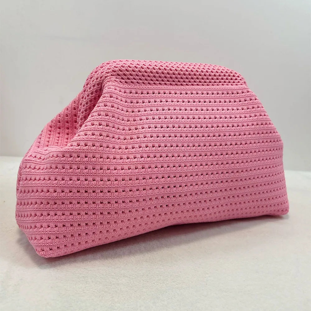 Solid Color Women Beach Clutch Bag Large Capacity Hollow Out Banquet Bag Soft Elastic Dumpling Purse Summer Crochet Handbag