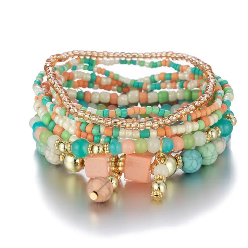 8Pcs Boho Colorful Rice Beads Bracelet Set For Women Summer Elastic Beaded Chain Bangle Girls Fashion Jewelry Accessories
