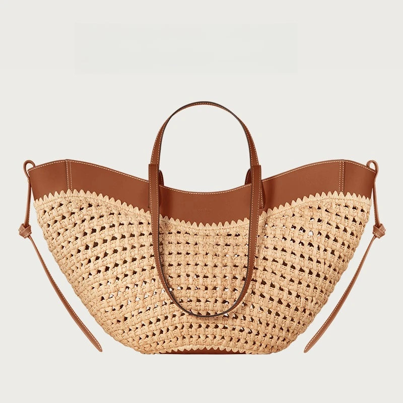 Women’s Woven Tote Bag, Large Capacity Straw Beach Handbag, Simple Casual Shoulder Bag for Summer